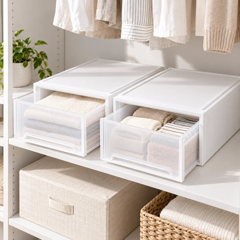 Transparent drawer-style storage box